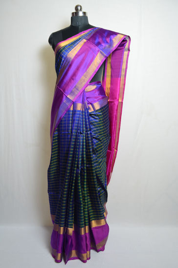 Picture of Navy Blue and Pink Checks Uppada Silk Saree