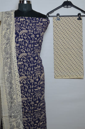 Picture of Navy Blue and Ivory White Printed Cotton Dress Material