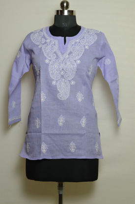 Picture of Hand Embroidered Lavender Cotton Lucknow Chikankari Short kurti