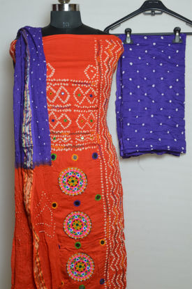 Picture of Orange and Violet Tie and Dye Bandhani Silk Cotton Dress Material