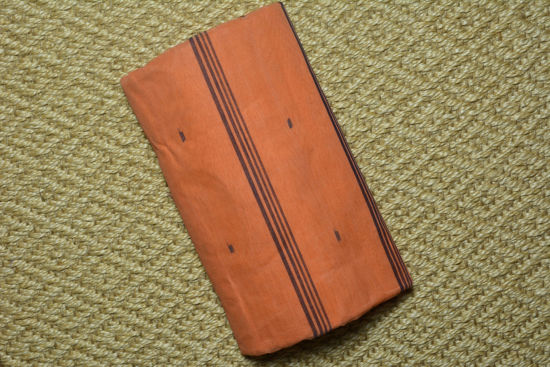 Picture of Melon-Orange Butta Bengal Cotton Saree with Navy-Blue and Sea-Green Ganga Jamuna Border