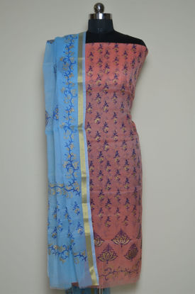 Picture of Peach and Blue Floral Kota Doria Dress Material