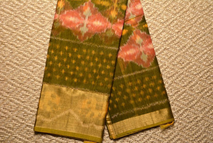 Picture of Mustard Yellow and Olive Green Pochampally Ikkat Silk Cotton Saree