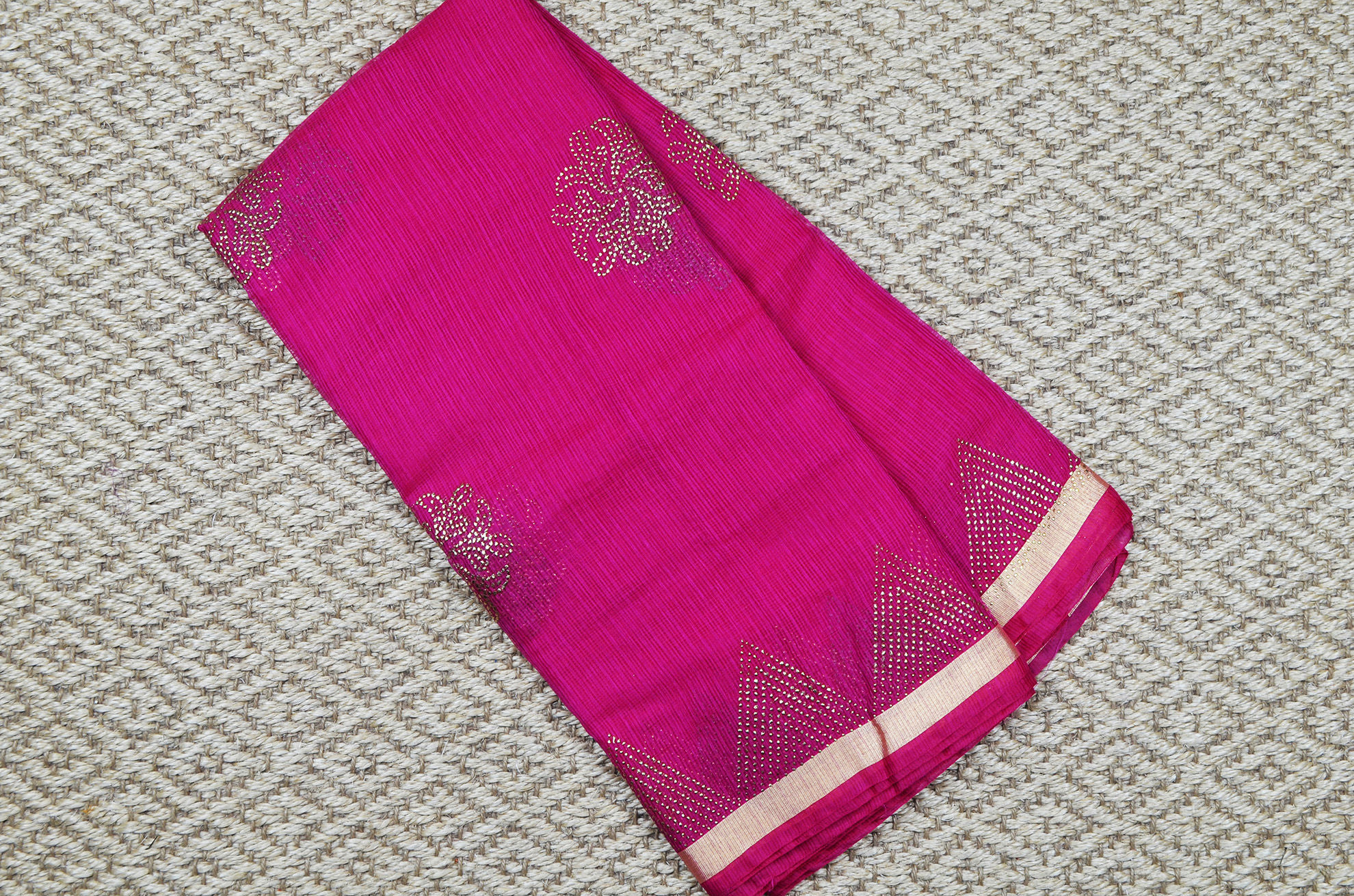 Tvis and Bliss. Pink Plain Swarovski Motifs Kota Doria Silk Cotton Saree