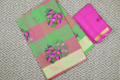 Picture of Parrot Green and Pink Checks Embroided Kota Doria Silk Cotton Saree with Zari Border