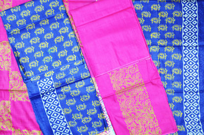 Picture of Royal Blue and Pink 3 Piece Katan Silk Discharge Print Dress Material
