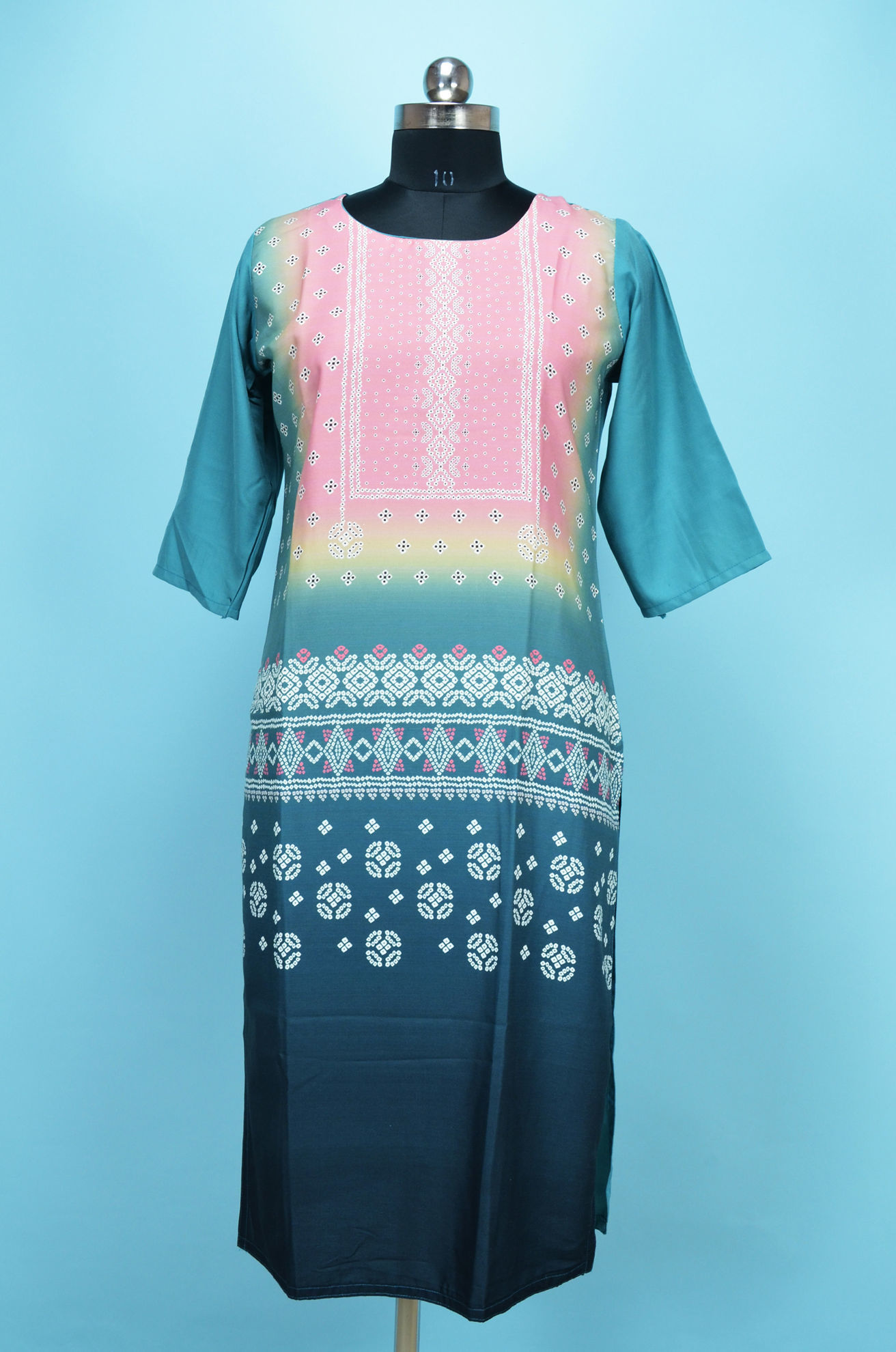 Tvis and Bliss. Pink and Peacock Blue Rayon Printed Kurti