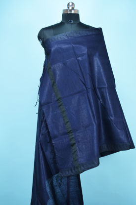 Picture of Navy Blue Plain Bhagalpuri Silk Dupatta with Black Temple Border