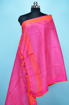 Picture of Pink Plain Linen Dupatta with Temple Border