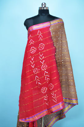 Picture of Beige and Red Cotton Bandhani Dupatta with Zari Border