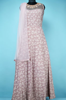 Picture of Full Length Onion Pink Brasso Gown Set with Net Embroidery Neck