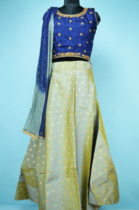 Picture of Navy Blue and Grey with Embroidery Work 3 Piece Chanderi Silk Crop Top Set