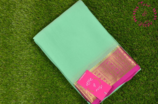 Picture of Mint Green and Pink Pure Mysore Crepe Silk Saree with Plain Body and Zari Woven Border