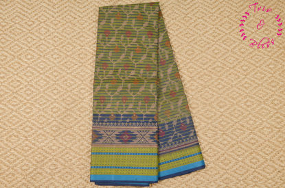 Picture of Dual Shade Olive Green and Neon Yellow Printed Mangalagiri Handloom Cotton Saree with Rich Thread Border