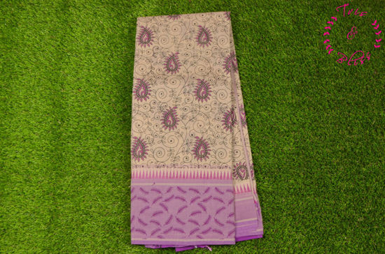 Picture of Nude and Magenta Printed Mangalagiri Handloom Cotton Saree with Temple Border