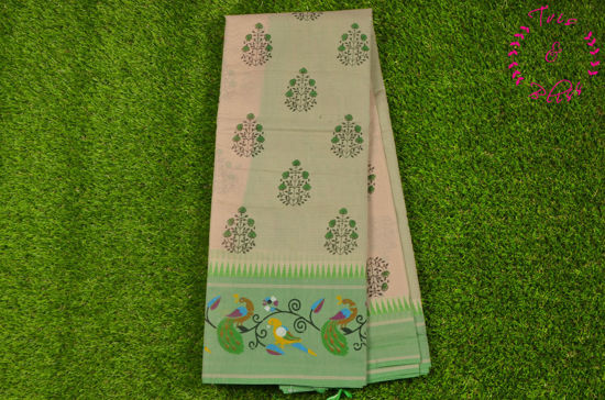 Picture of Nude and Green Printed Mangalagiri Handloom Cotton Saree with Temple Border