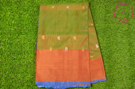 Picture of Dual Shade Green and Peacock Blue Uppada Silk Saree with Small Butta and Big Zari Border