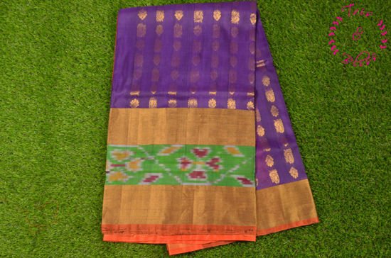 Picture of Wine and Orange Uppada Silk Saree with Rich Gold Zari Butta and Pochampally Border