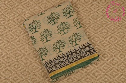 Picture of Nude and Green Hand Block Printed Malmal Cotton Saree with Small Zari Border