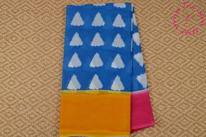 Picture of "Copper Sulphate Blue, Yellow and Pink Screen Printed Malmal Cotton Saree with Ganga Jamuna Border"