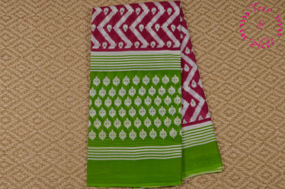 Picture of Pink and Green Screen Printed Malmal Cotton Saree