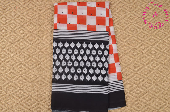 Picture of "Orange, White and Black Screen Printed Malmal Cotton Saree"