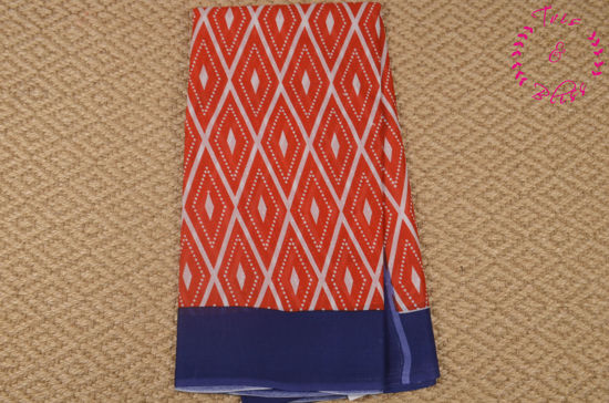 Picture of Red and Ink Blue Screen Printed Malmal Cotton Saree