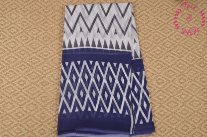 Picture of White and Navy Blue Screen Printed Malmal Cotton Saree