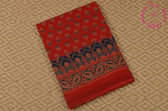 Picture of Red With Multicolour Hand Block Ajrakh Printed Malmal Cotton Saree