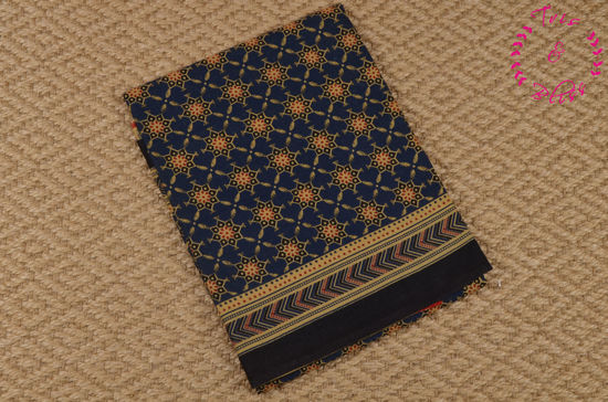 Picture of Navy Blue With Multicolour Hand Block Ajrakh Printed Malmal Cotton Saree