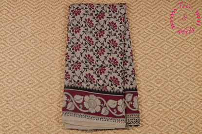 Picture of Beige with Pink and Black Handprinted Kalamkari Silk Saree