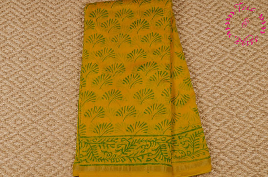 Picture of Yellow Handblock Print Chanderi Silk Saree with Small Zari Border