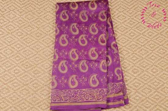 Picture of Purple Handblock Print Chanderi Silk Saree with Small Zari Border