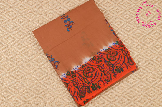 Picture of Clay Brown and Orange South Mulmul Hand Block Printed Cotton Saree