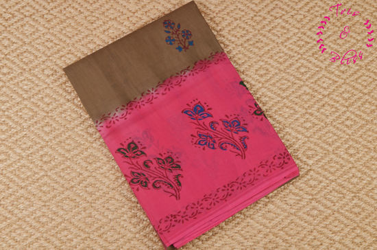 Picture of Brown and Pink South Mulmul Hand Block Printed Cotton Saree