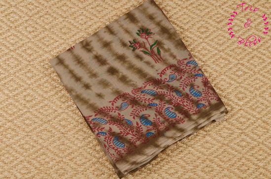 Picture of Beige and Moss Green South Mulmul Hand Block Printed Cotton Saree