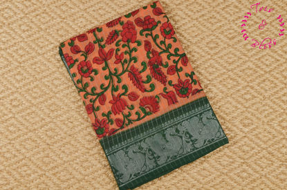 Picture of Melon Orange and Green Tie and dye Silver Zari Kattam Cotton Saree with Kalamkari Print