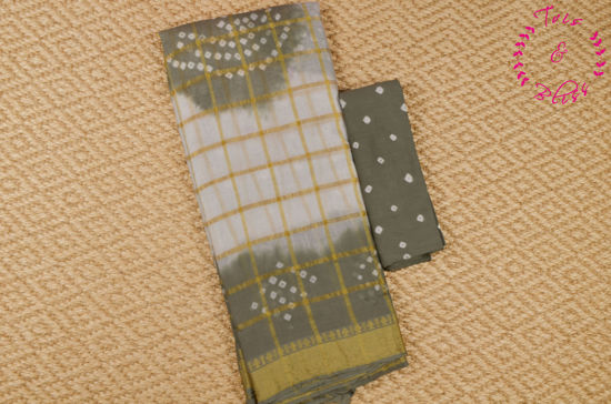 Picture of White and Grey Checks Tie and Dye Bandhani Cotton Saree 