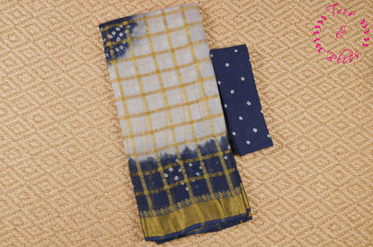 Picture of White and Navy Blue Checks Tie and Dye Bandhani Cotton Saree 