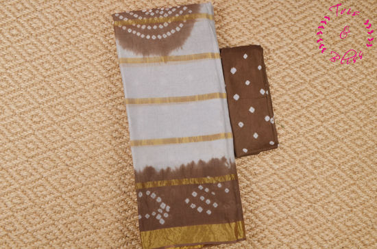 Picture of White and Brown Stripes Tie and Dye Bandhani Cotton Saree