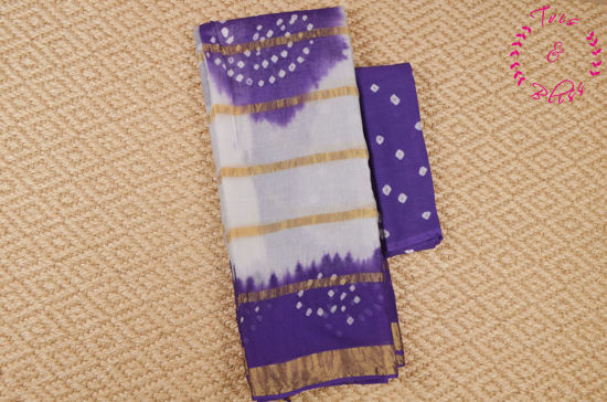 Picture of White and Violet Stripes Tie and Dye Bandhani Cotton Saree 