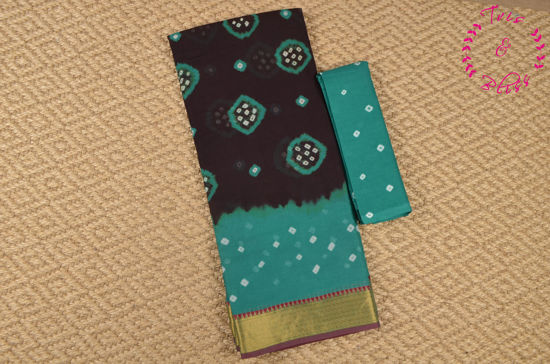 Picture of Brown and Teal Tie and Dye Ring Bandhani Cotton Saree with Zari Border