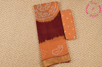 Picture of Red and Melon Orange Tie and Dye Bandhani Cotton Saree with Zari Border