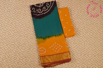 Picture of "Peacock Green, Brown and Yellow Tie and Dye Bandhani Cotton Saree with Zari Border"