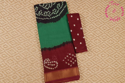 Picture of "Green, Brown and Maroon Tie and Dye Bandhani Cotton Saree with Zari Border"