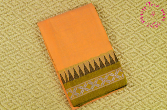 Picture of Melon Orange and Black Plain Handloom Cotton Saree with Temple Border