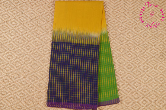 Picture of "Yellow, Navy Blue and Green Pure Cotton saree with Checks Border"